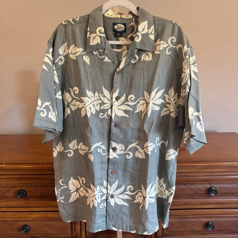 Tommy Bahama Vintage 100% Linen Hawaiian Camp Shirt Gray Floral M
